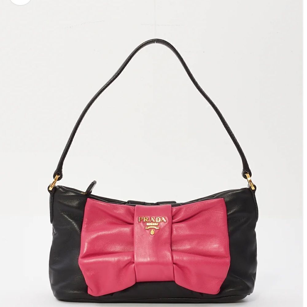 PRADA Black & Pink Leather Nappa Fiocco Small Bow Shoulder Bag